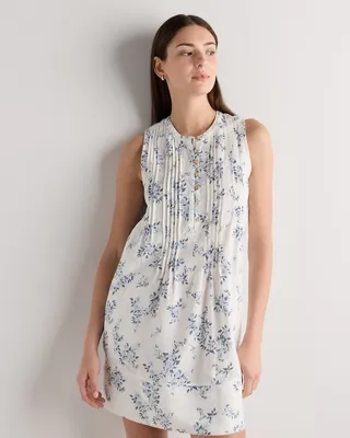 Quince Quince | Women's 100% European Linen Sleeveless Swing Dress in Ivory Porcelain Blue Petite Floral — Women Summer ivory Dresses