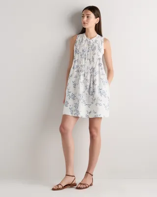 Quince Quince | Women's 100% European Linen Sleeveless Swing Dress in Ivory Porcelain Blue Petite Floral — Women Summer ivory Dresses