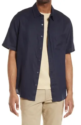 Vince Vince Classic Fit Short Sleeve Linen Shirt in Coastal — Men Summer blue Tops
