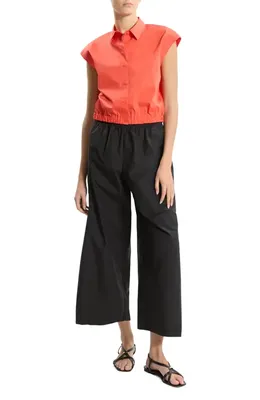 Theory Theory Crop Cap Sleeve Shirt in Poppy — Women Spring red Button-Down Shirts