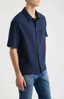 FRAME FRAME Open Weave Short Sleeve Button-Up Shirt in Navy — Men Winter navy Tops