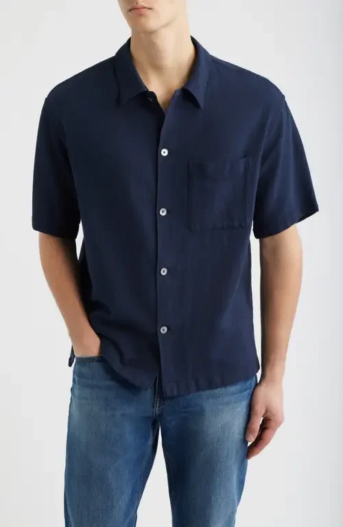 FRAME FRAME Open Weave Short Sleeve Button-Up Shirt in Navy — Men Winter navy Tops