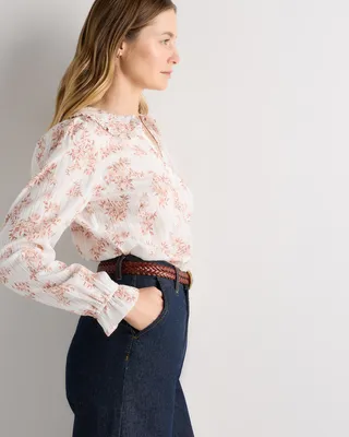 Quince Quince | Women's Embroidered Cotton Ruffle Collar Long Sleeve Blouse in Ivory Rose Pink Petite Floral — Women Spring ivory Blouses