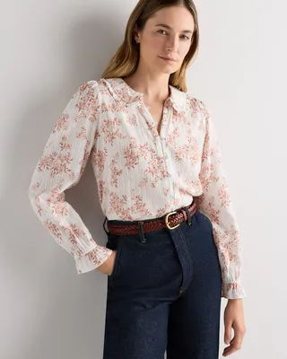 Quince Quince | Women's Embroidered Cotton Ruffle Collar Long Sleeve Blouse in Ivory Rose Pink Petite Floral — Women Spring ivory Blouses