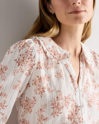 Quince Quince | Women's Embroidered Cotton Ruffle Collar Long Sleeve Blouse in Ivory Rose Pink Petite Floral — Women Spring ivory Blouses