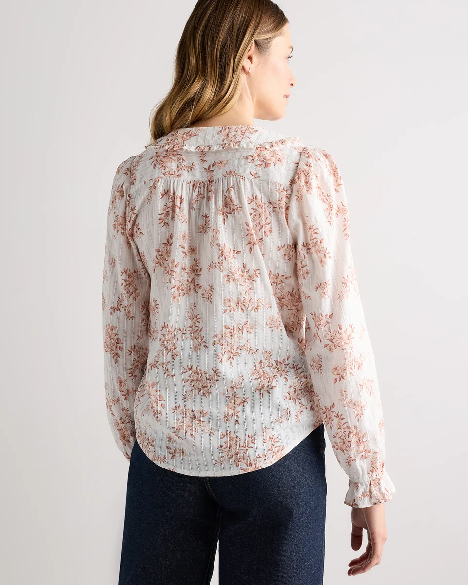 Quince Quince | Women's Embroidered Cotton Ruffle Collar Long Sleeve Blouse in Ivory Rose Pink Petite Floral — Women Spring ivory Blouses